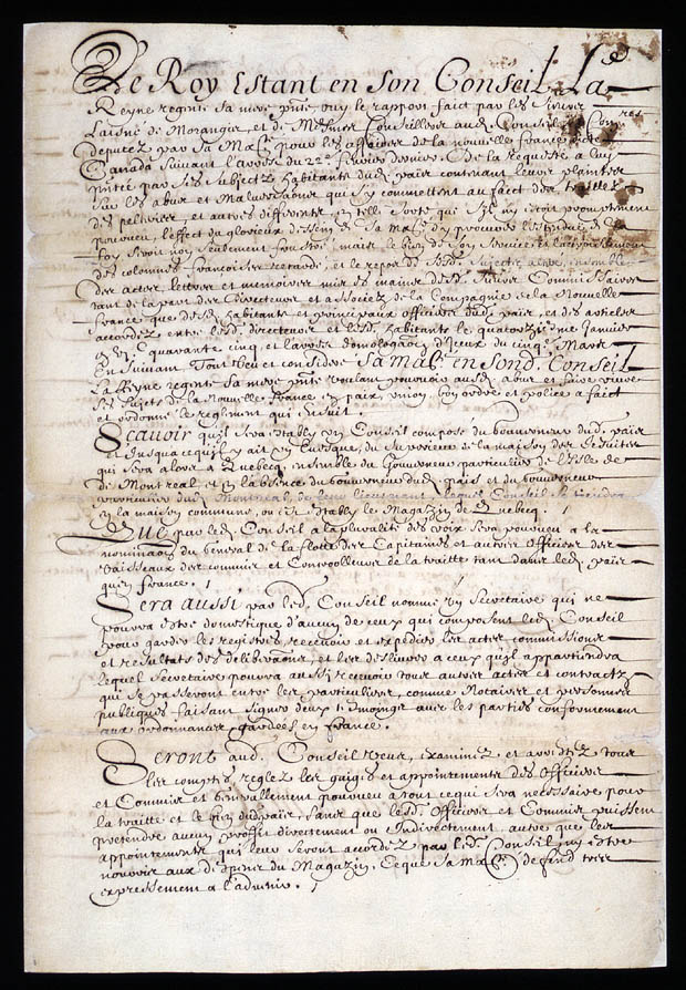 Regulation to remedy certain abuses committed in Canada and establishing a Council composed of the Governor General, the Governor of Montréal and the Superior of the Jesuits, March 27, 1647, CA ANC MG18-H65