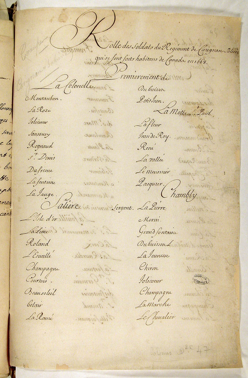 [Roll of soldiers of the Carignan-Salières Regiment living in Canada in 1668]. FR CAOM COL D2C 47 fol. 45-49vo