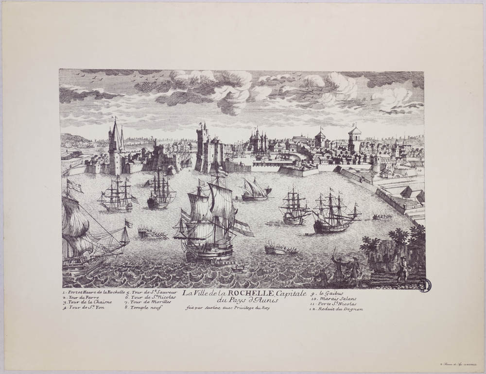 Profil de la ville de la Rochelle, capitale de l'Aunis, par Aveline, fin XVIIe siècle. FR AD17 1 Fi La Rochelle 131