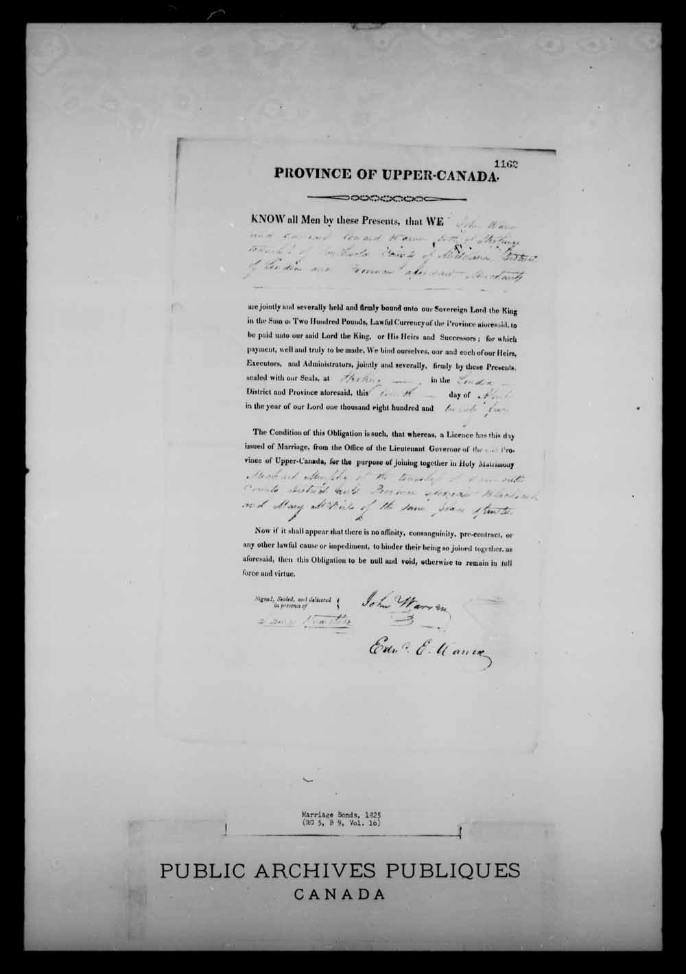 Digitized page of Upper and Lower Canada Marriage Bonds (1779-1865) for Image No.: e008214718