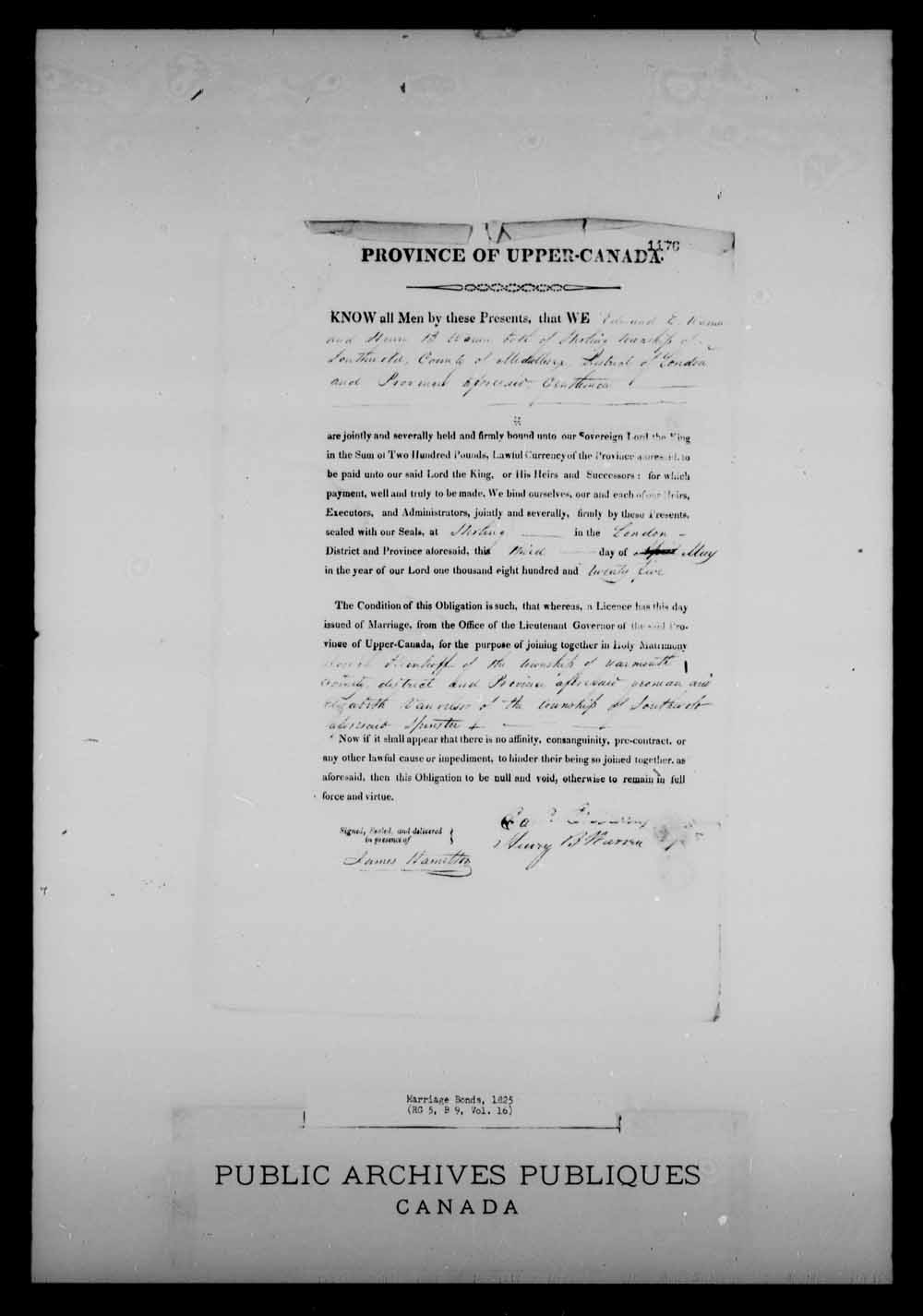Digitized page of Upper and Lower Canada Marriage Bonds (1779-1865) for Image No.: e008214746