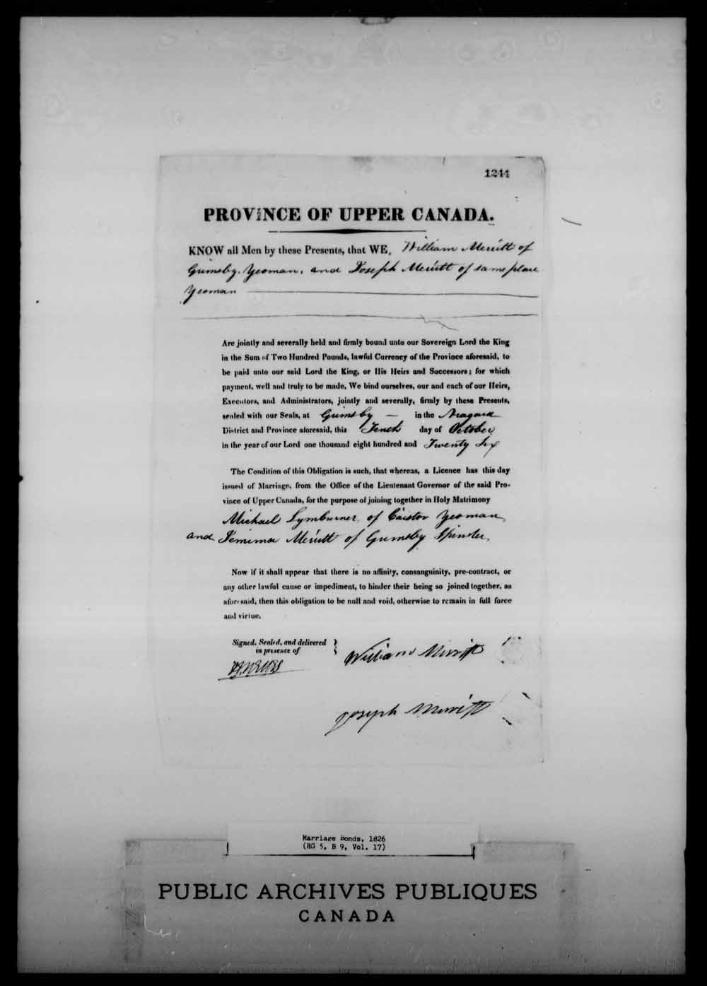 Digitized page of Upper and Lower Canada Marriage Bonds (1779-1865) for Image No.: e008214919