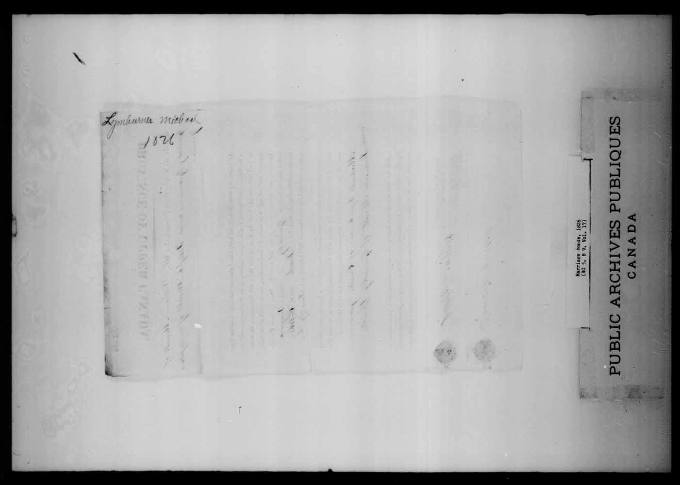 Digitized page of Upper and Lower Canada Marriage Bonds (1779-1865) for Image No.: e008214920