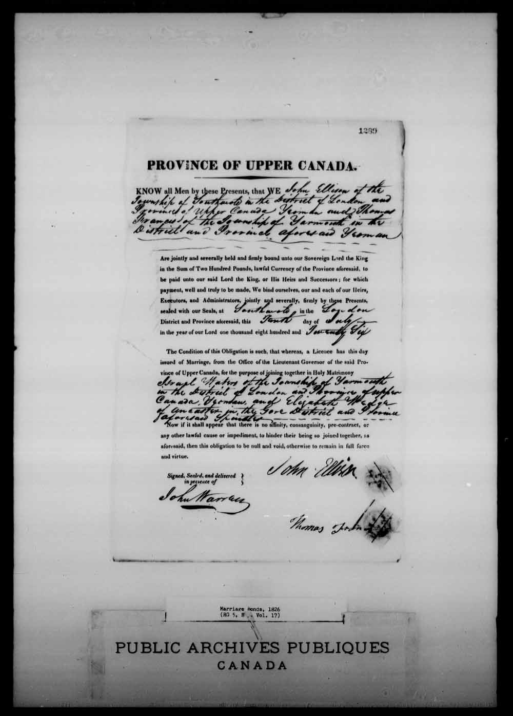 Digitized page of Upper and Lower Canada Marriage Bonds (1779-1865) for Image No.: e008215010