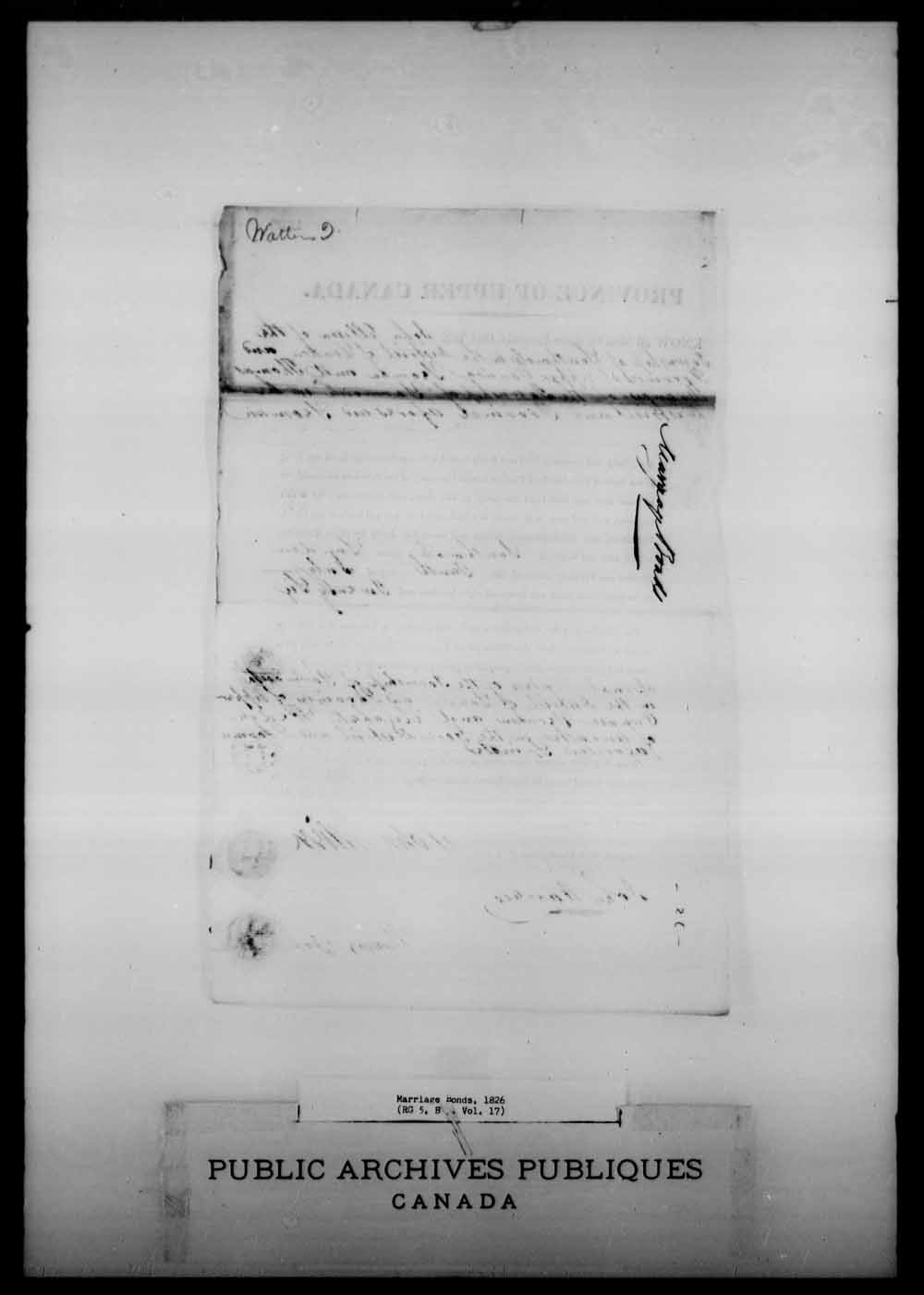 Digitized page of Upper and Lower Canada Marriage Bonds (1779-1865) for Image No.: e008215011