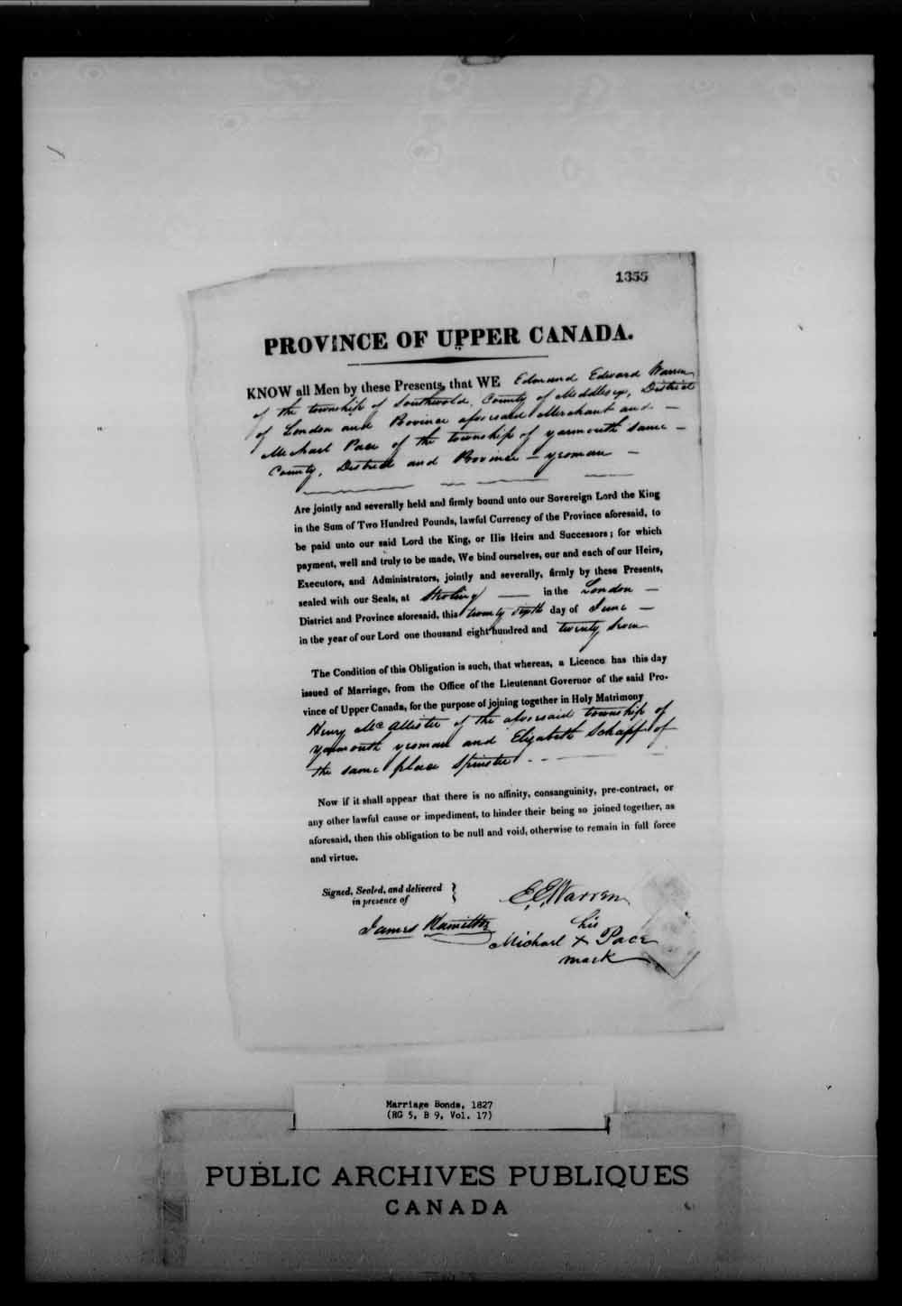 Digitized page of Upper and Lower Canada Marriage Bonds (1779-1865) for Image No.: e008215147