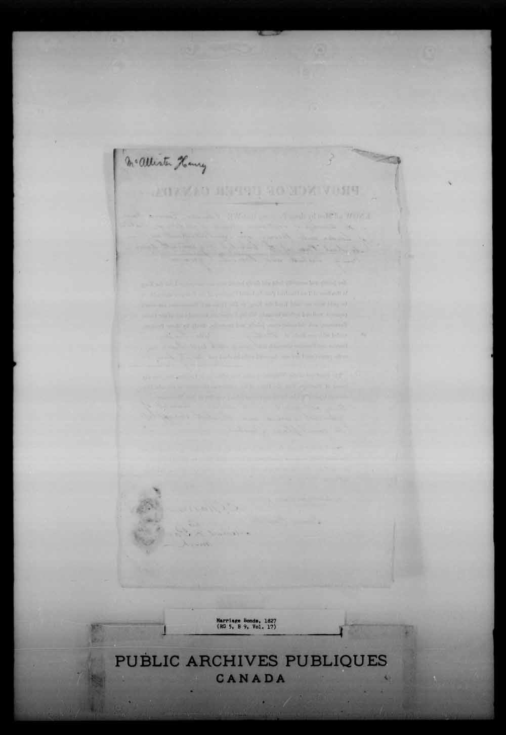 Digitized page of Upper and Lower Canada Marriage Bonds (1779-1865) for Image No.: e008215148