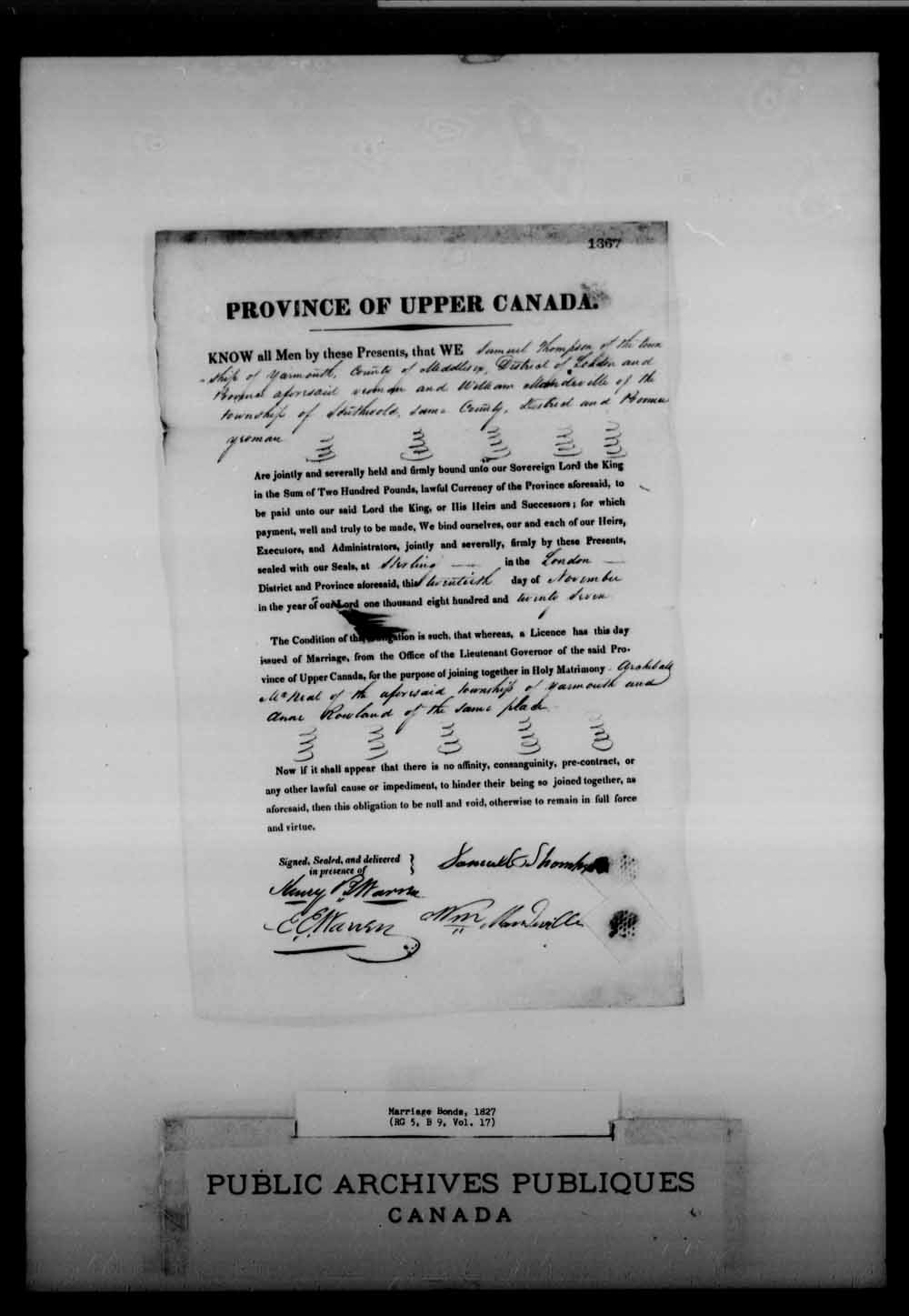 Digitized page of Upper and Lower Canada Marriage Bonds (1779-1865) for Image No.: e008215172