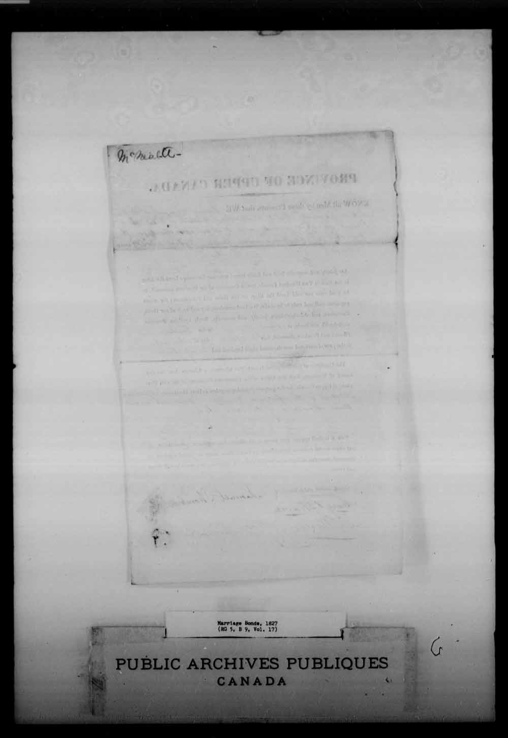 Digitized page of Upper and Lower Canada Marriage Bonds (1779-1865) for Image No.: e008215173