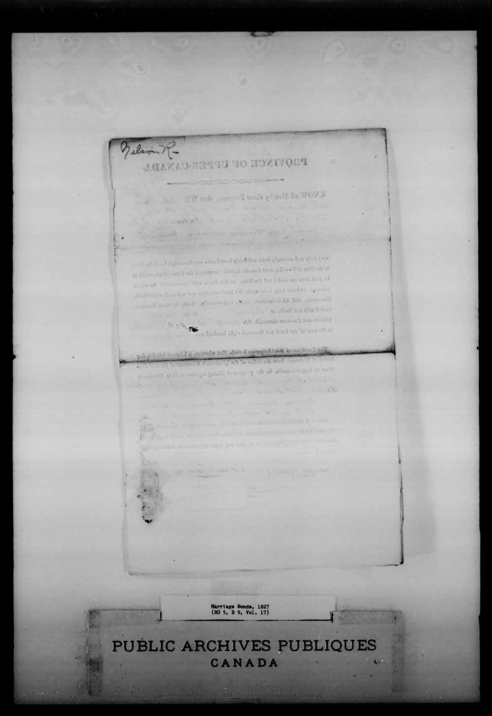 Digitized page of Upper and Lower Canada Marriage Bonds (1779-1865) for Image No.: e008215189