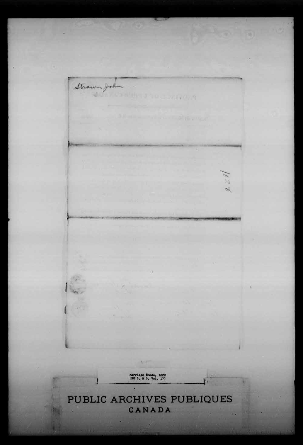 Digitized page of Upper and Lower Canada Marriage Bonds (1779-1865) for Image No.: e008215483