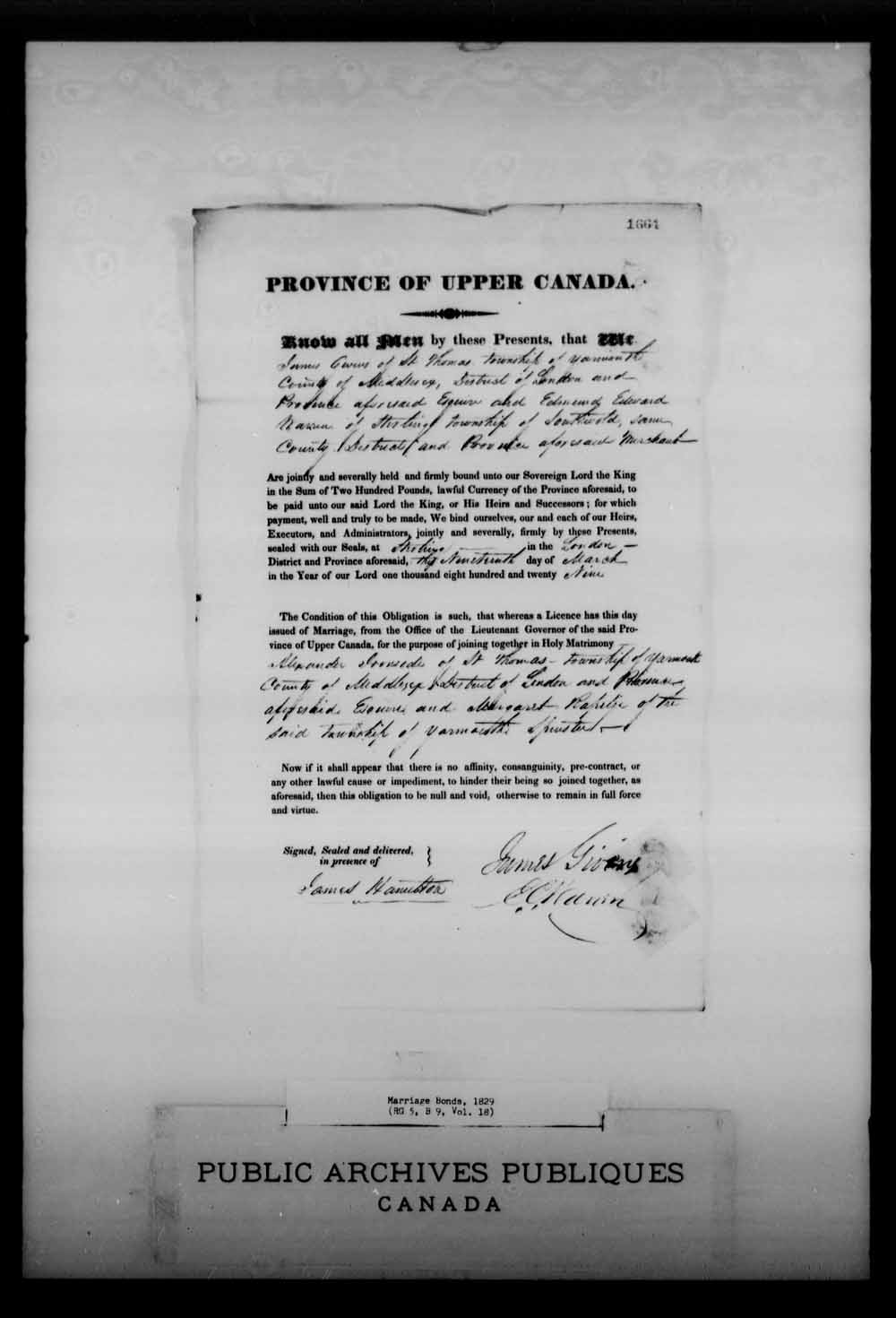 Digitized page of Upper and Lower Canada Marriage Bonds (1779-1865) for Image No.: e008215753