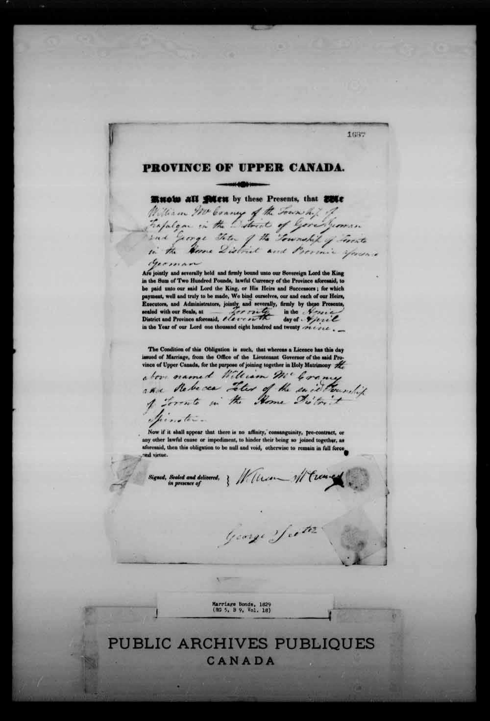 Digitized page of Upper and Lower Canada Marriage Bonds (1779-1865) for Image No.: e008215800