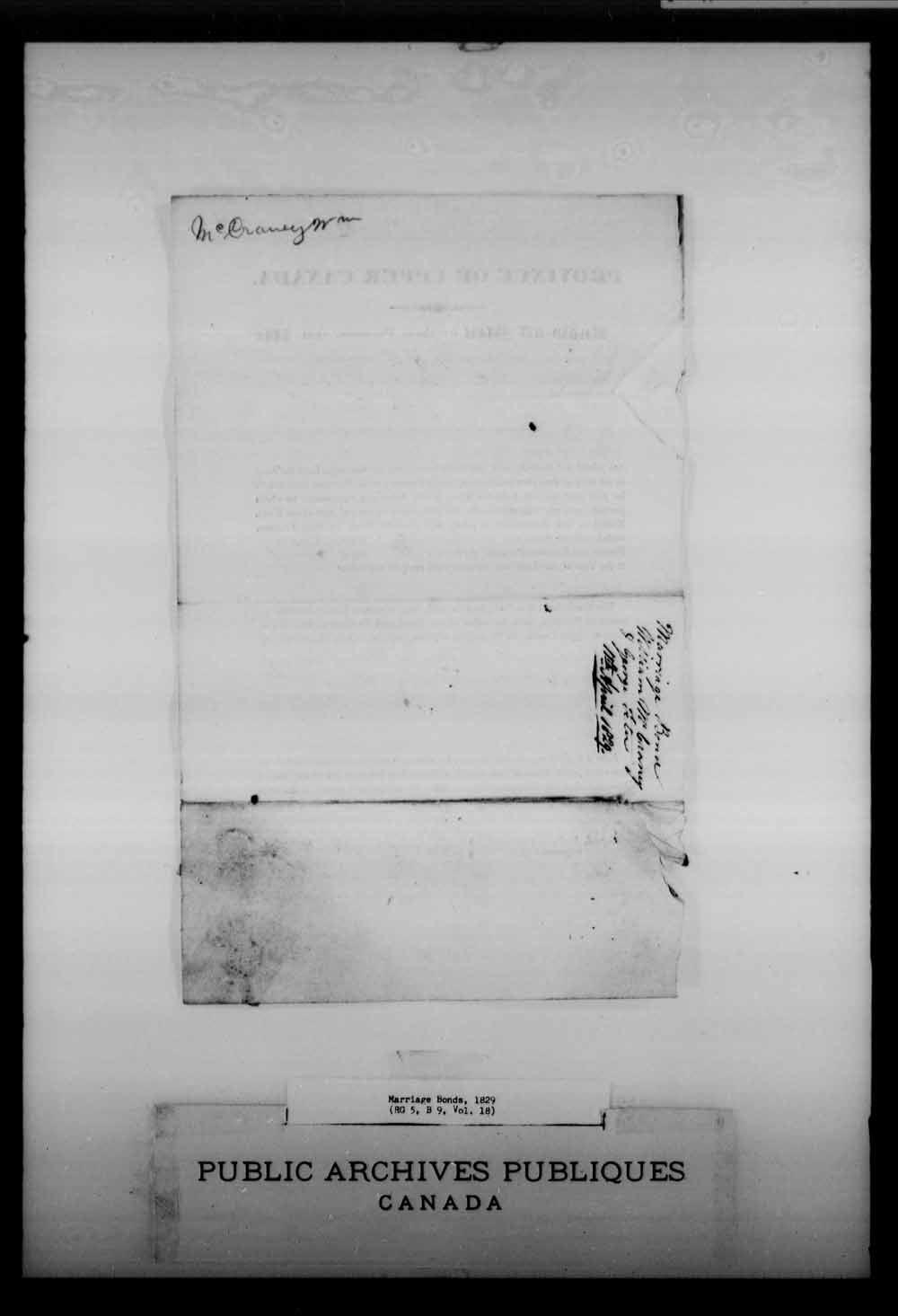 Digitized page of Upper and Lower Canada Marriage Bonds (1779-1865) for Image No.: e008215801