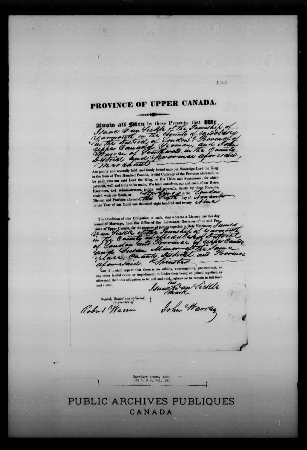 Digitized page of Upper and Lower Canada Marriage Bonds (1779-1865) for Image No.: e008215965