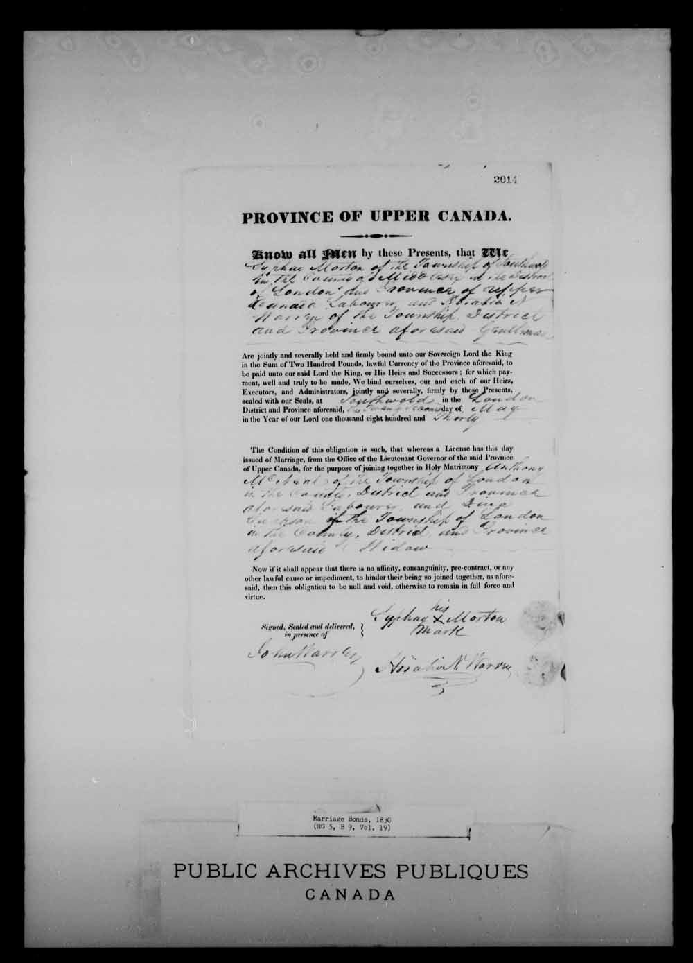 Page numérisé de Cautionnements de mariages pour le Haut-Canada et le Bas-Canada (1779-1865) pour l'image numéro: e008216546