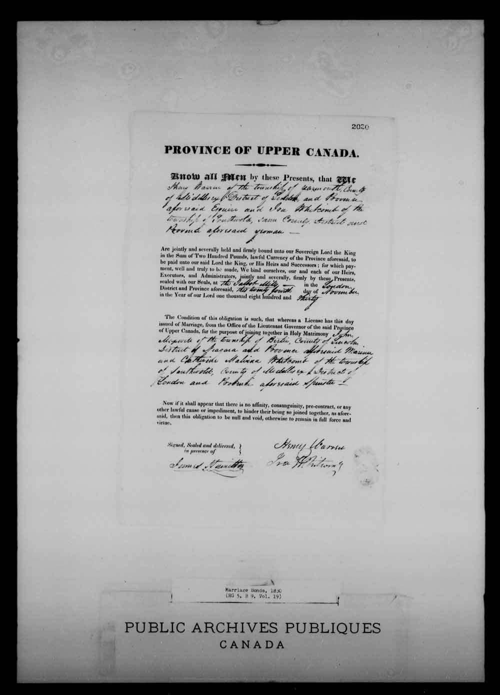 Digitized page of Upper and Lower Canada Marriage Bonds (1779-1865) for Image No.: e008216554