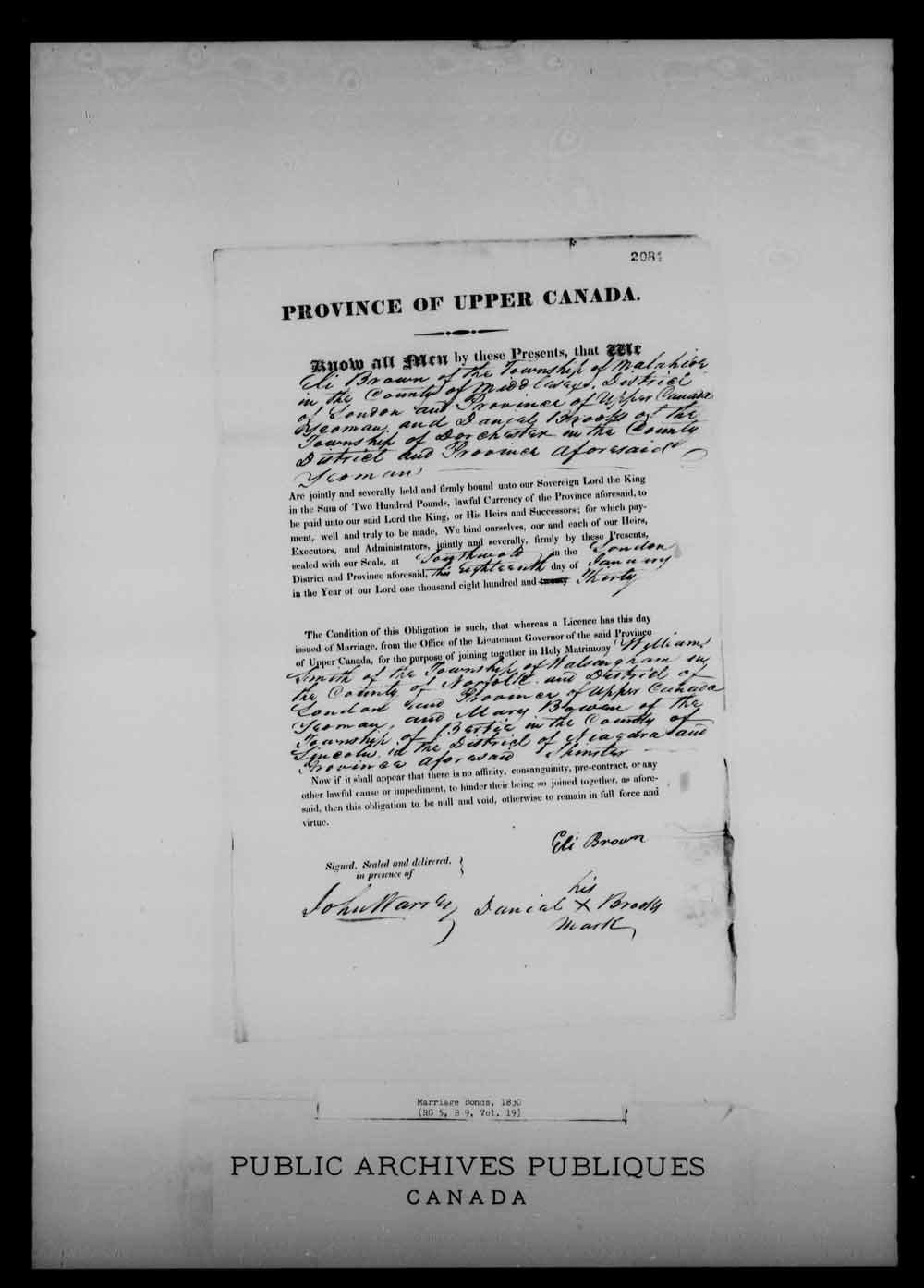 Digitized page of Upper and Lower Canada Marriage Bonds (1779-1865) for Image No.: e008216663