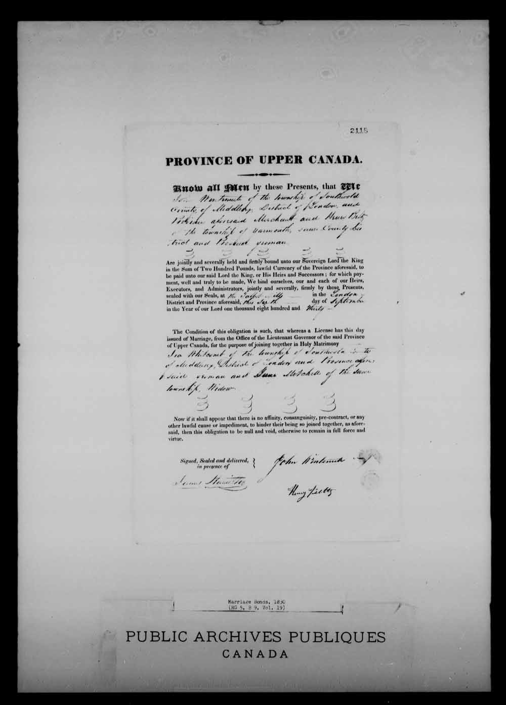 Digitized page of Upper and Lower Canada Marriage Bonds (1779-1865) for Image No.: e008216722