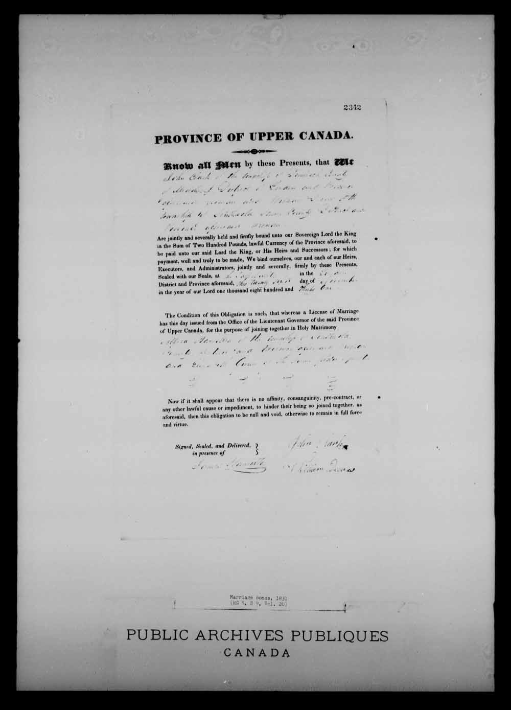 Digitized page of Upper and Lower Canada Marriage Bonds (1779-1865) for Image No.: e008217111