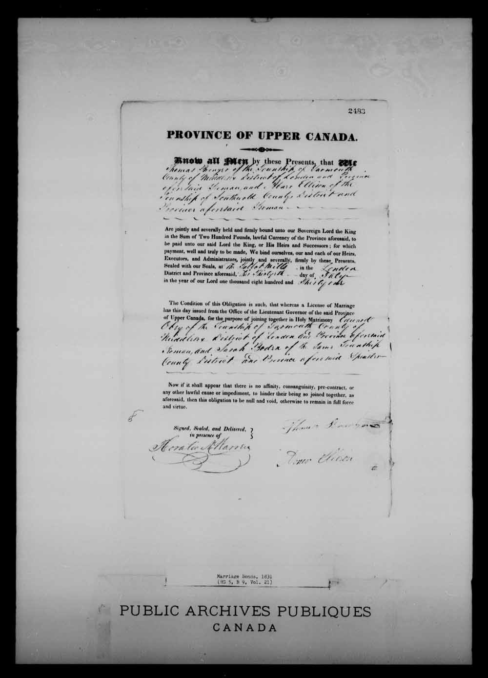 Digitized page of Upper and Lower Canada Marriage Bonds (1779-1865) for Image No.: e008217349