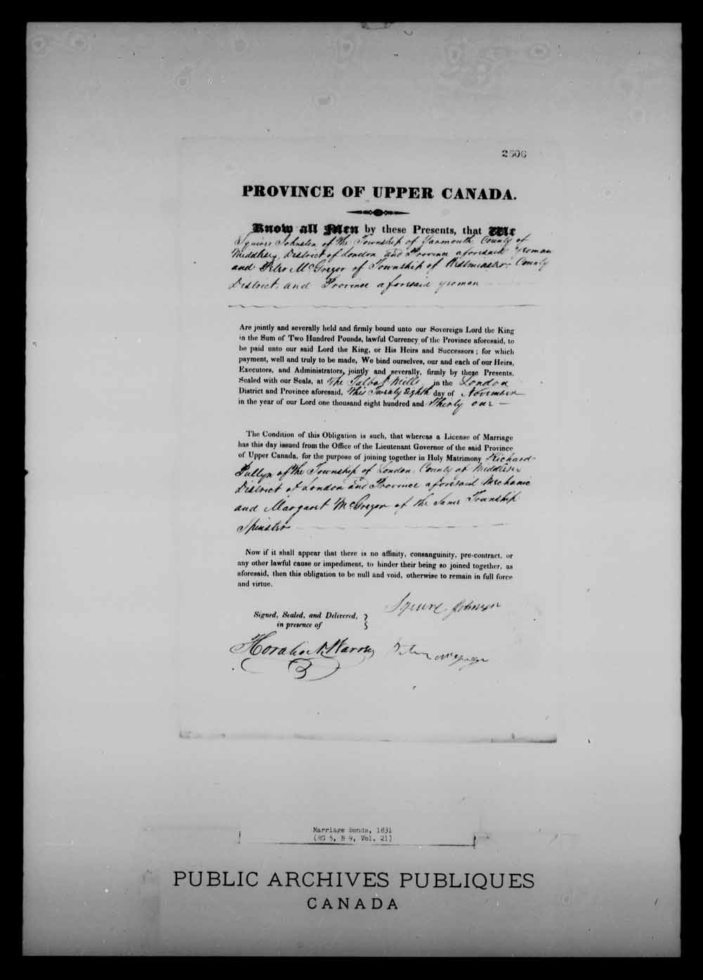 Digitized page of Upper and Lower Canada Marriage Bonds (1779-1865) for Image No.: e008217385