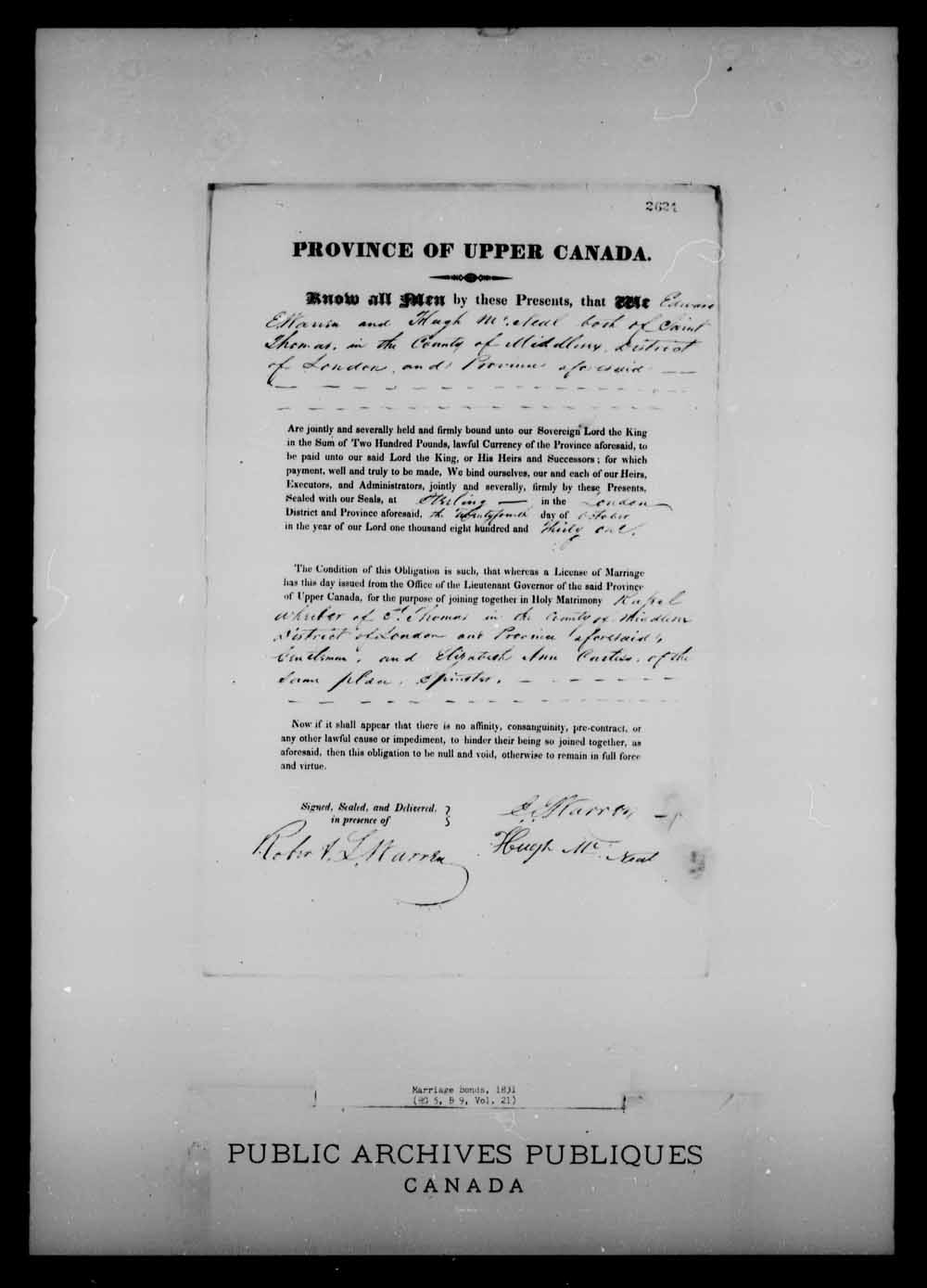 Digitized page of Upper and Lower Canada Marriage Bonds (1779-1865) for Image No.: e008217592