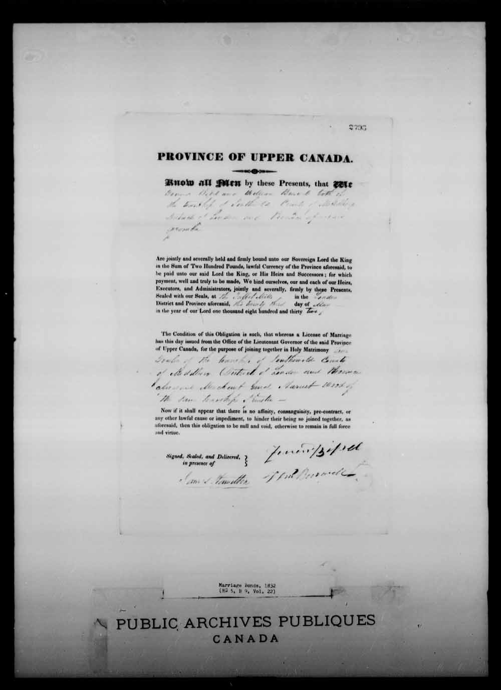 Digitized page of Upper and Lower Canada Marriage Bonds (1779-1865) for Image No.: e008217969