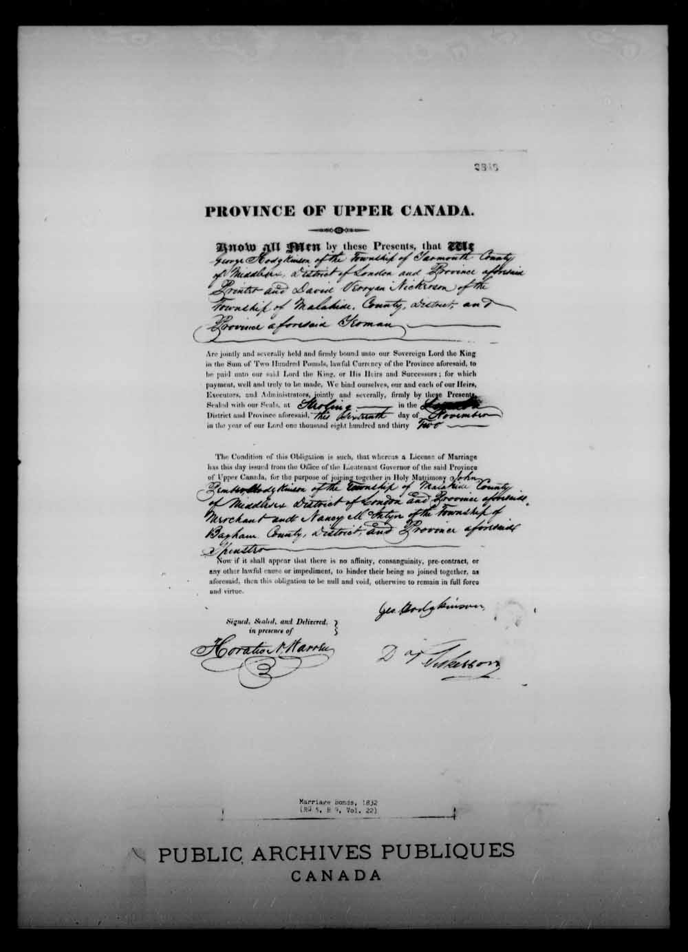 Page numérisé de Cautionnements de mariages pour le Haut-Canada et le Bas-Canada (1779-1865) pour l'image numéro: e008218061