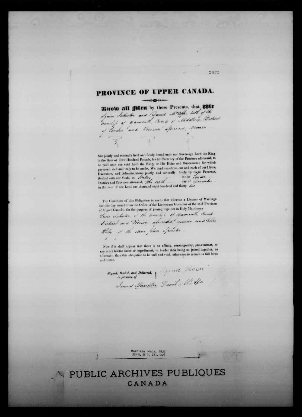 Digitized page of Upper and Lower Canada Marriage Bonds (1779-1865) for Image No.: e008218102