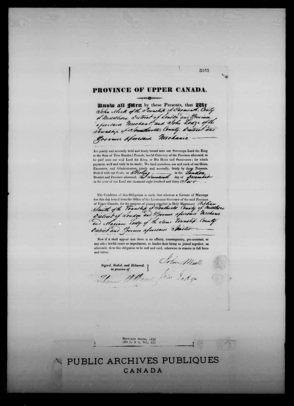 Digitized page of Upper and Lower Canada Marriage Bonds (1779-1865) for Image No.: e008218391