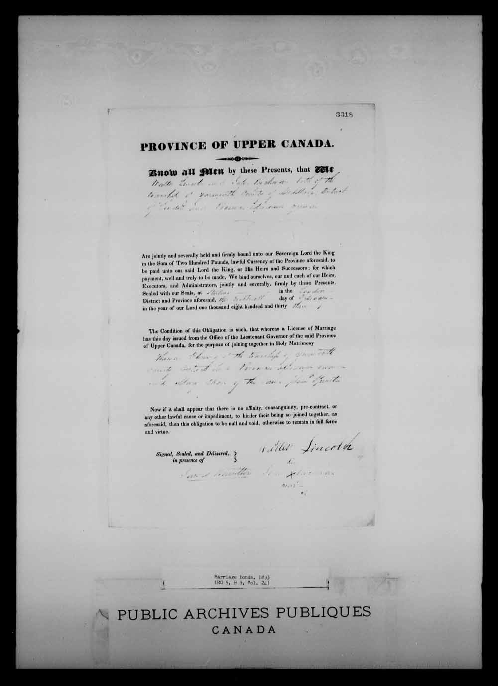 Digitized page of Upper and Lower Canada Marriage Bonds (1779-1865) for Image No.: e008225049