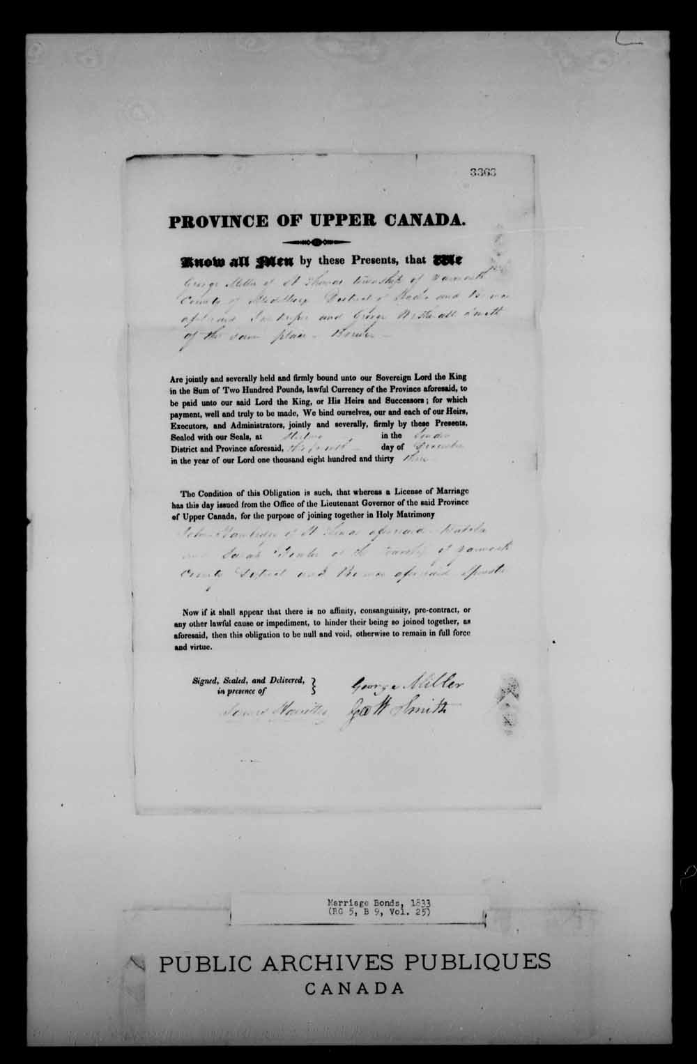 Digitized page of Upper and Lower Canada Marriage Bonds (1779-1865) for Image No.: e008225138