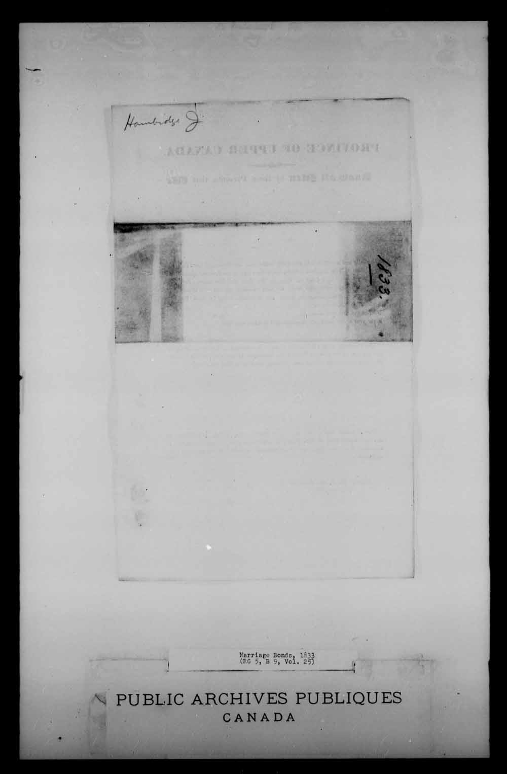 Digitized page of Upper and Lower Canada Marriage Bonds (1779-1865) for Image No.: e008225139
