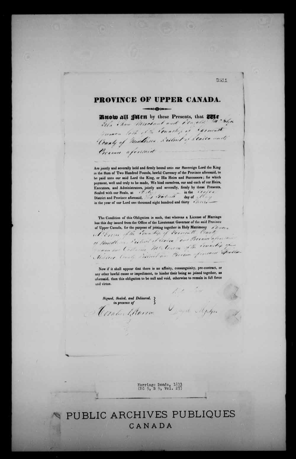 Digitized page of Upper and Lower Canada Marriage Bonds (1779-1865) for Image No.: e008225395