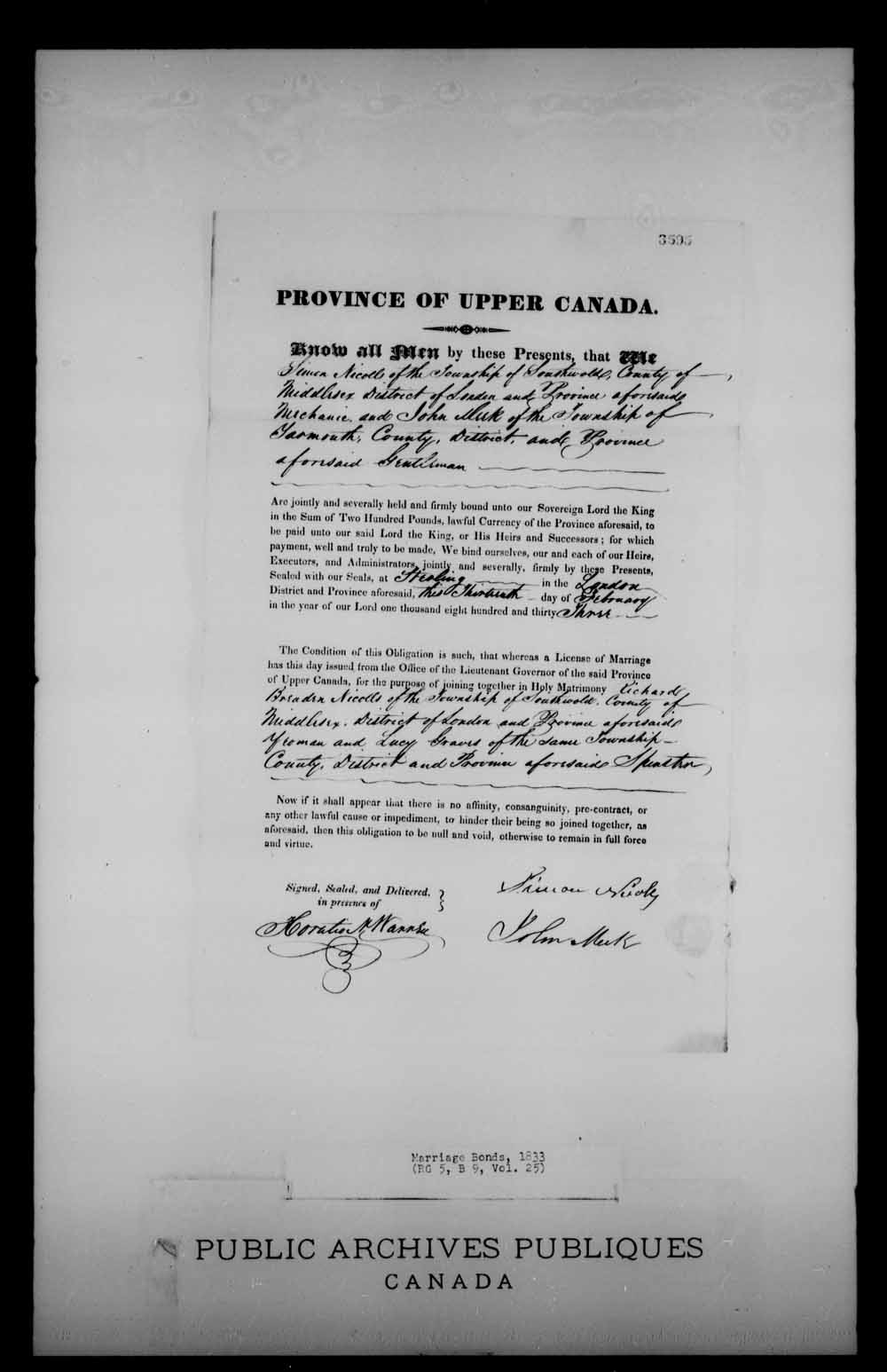 Digitized page of Upper and Lower Canada Marriage Bonds (1779-1865) for Image No.: e008225541