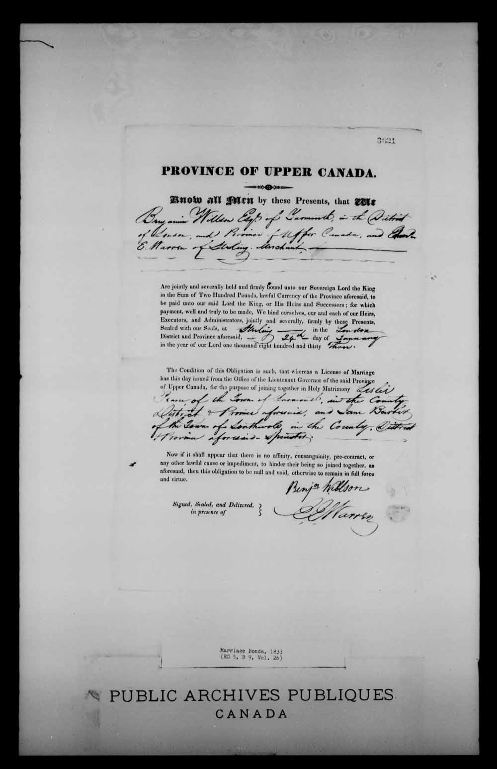 Digitized page of Upper and Lower Canada Marriage Bonds (1779-1865) for Image No.: e008225589