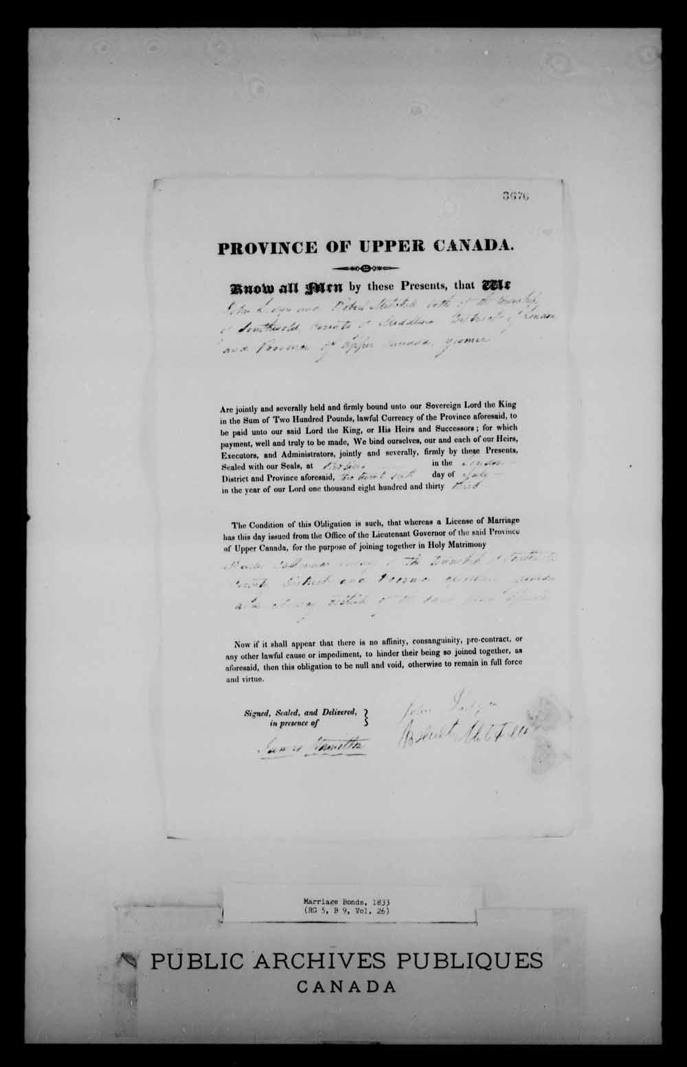Digitized page of Upper and Lower Canada Marriage Bonds (1779-1865) for Image No.: e008225682