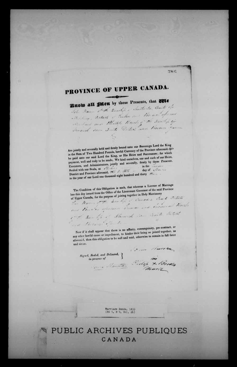 Digitized page of Upper and Lower Canada Marriage Bonds (1779-1865) for Image No.: e008225891