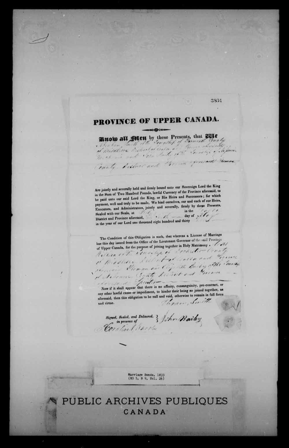 Digitized page of Upper and Lower Canada Marriage Bonds (1779-1865) for Image No.: e008225941