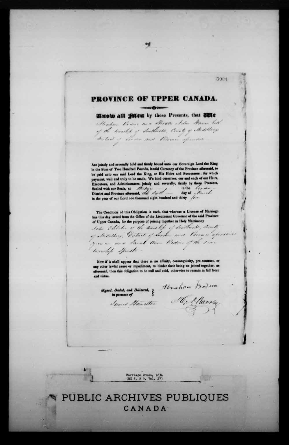 Digitized page of Upper and Lower Canada Marriage Bonds (1779-1865) for Image No.: e008226137