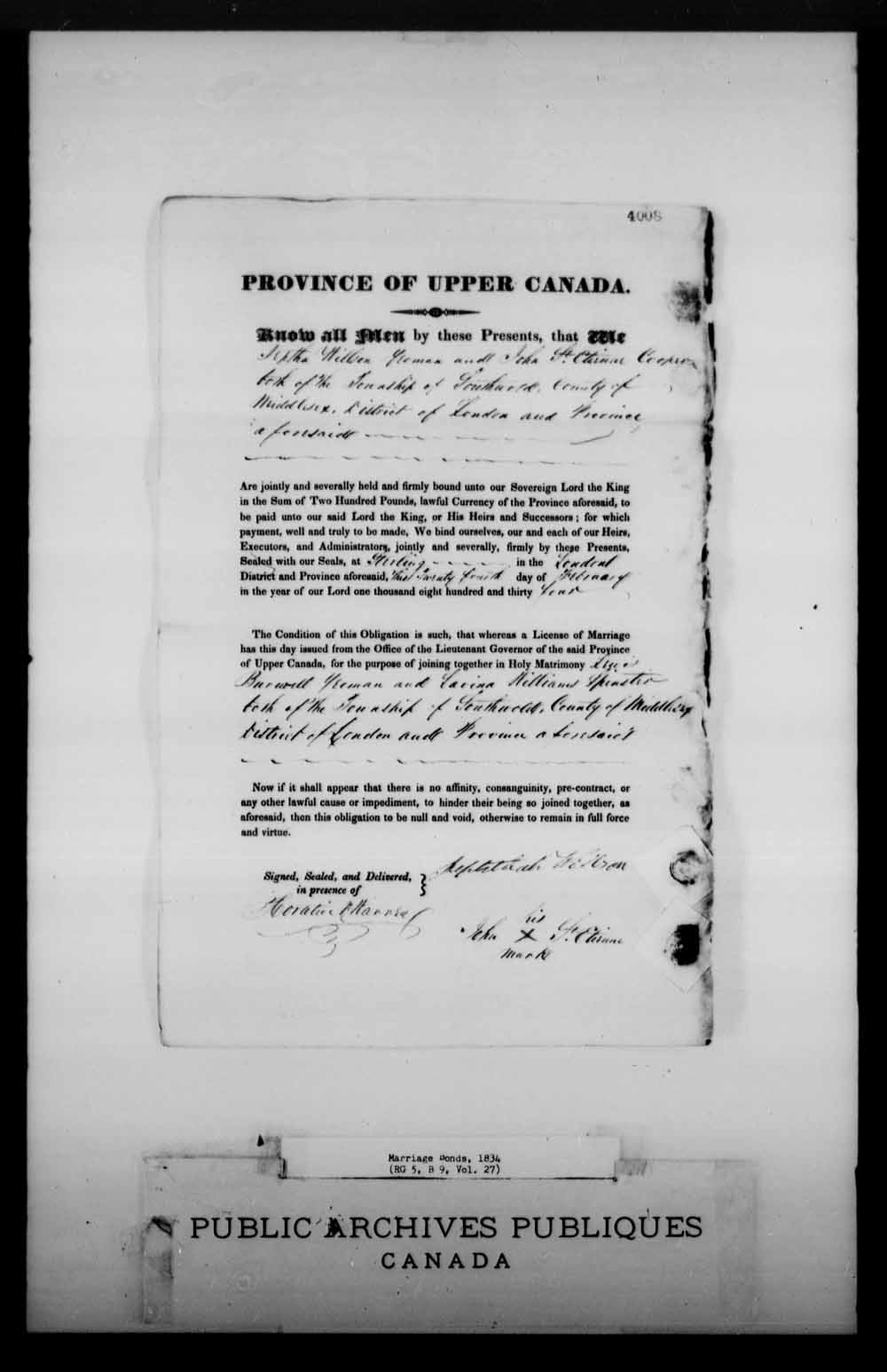 Digitized page of Upper and Lower Canada Marriage Bonds (1779-1865) for Image No.: e008226288