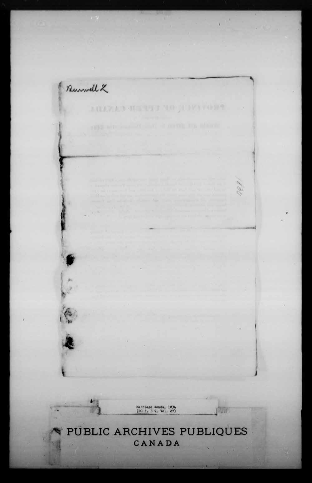 Digitized page of Upper and Lower Canada Marriage Bonds (1779-1865) for Image No.: e008226289