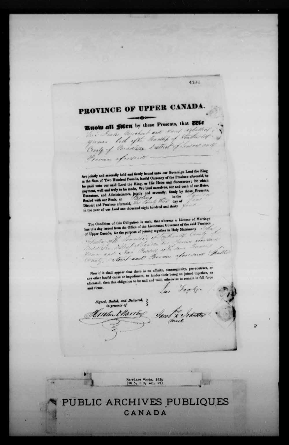 Digitized page of Upper and Lower Canada Marriage Bonds (1779-1865) for Image No.: e008226458