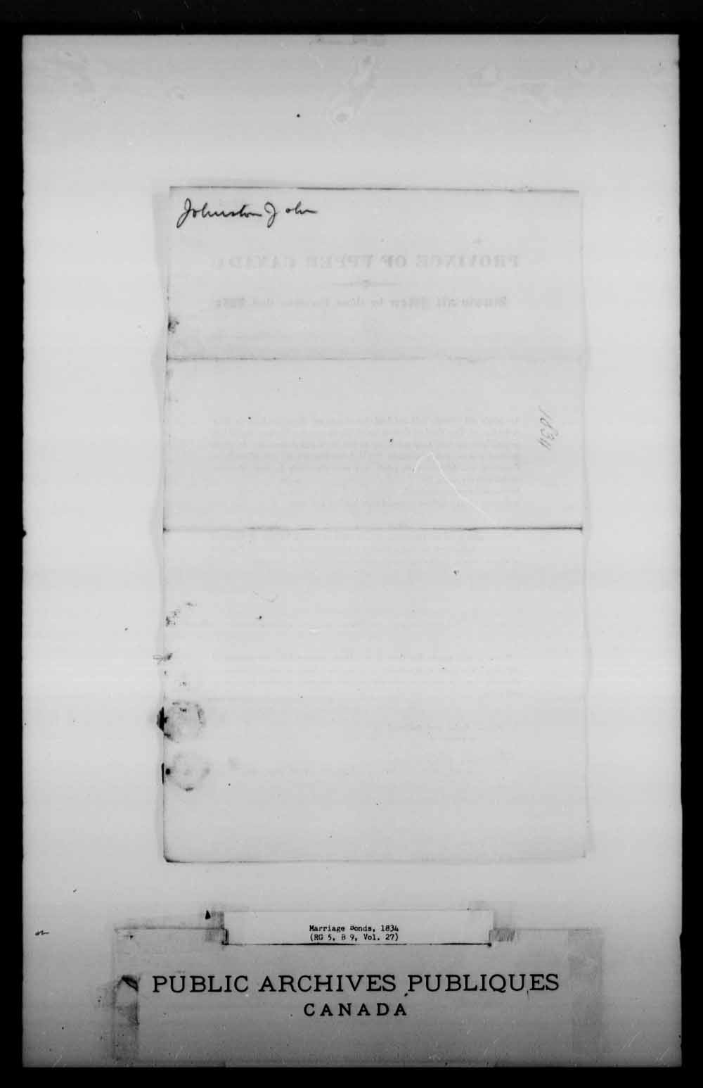 Digitized page of Upper and Lower Canada Marriage Bonds (1779-1865) for Image No.: e008226459