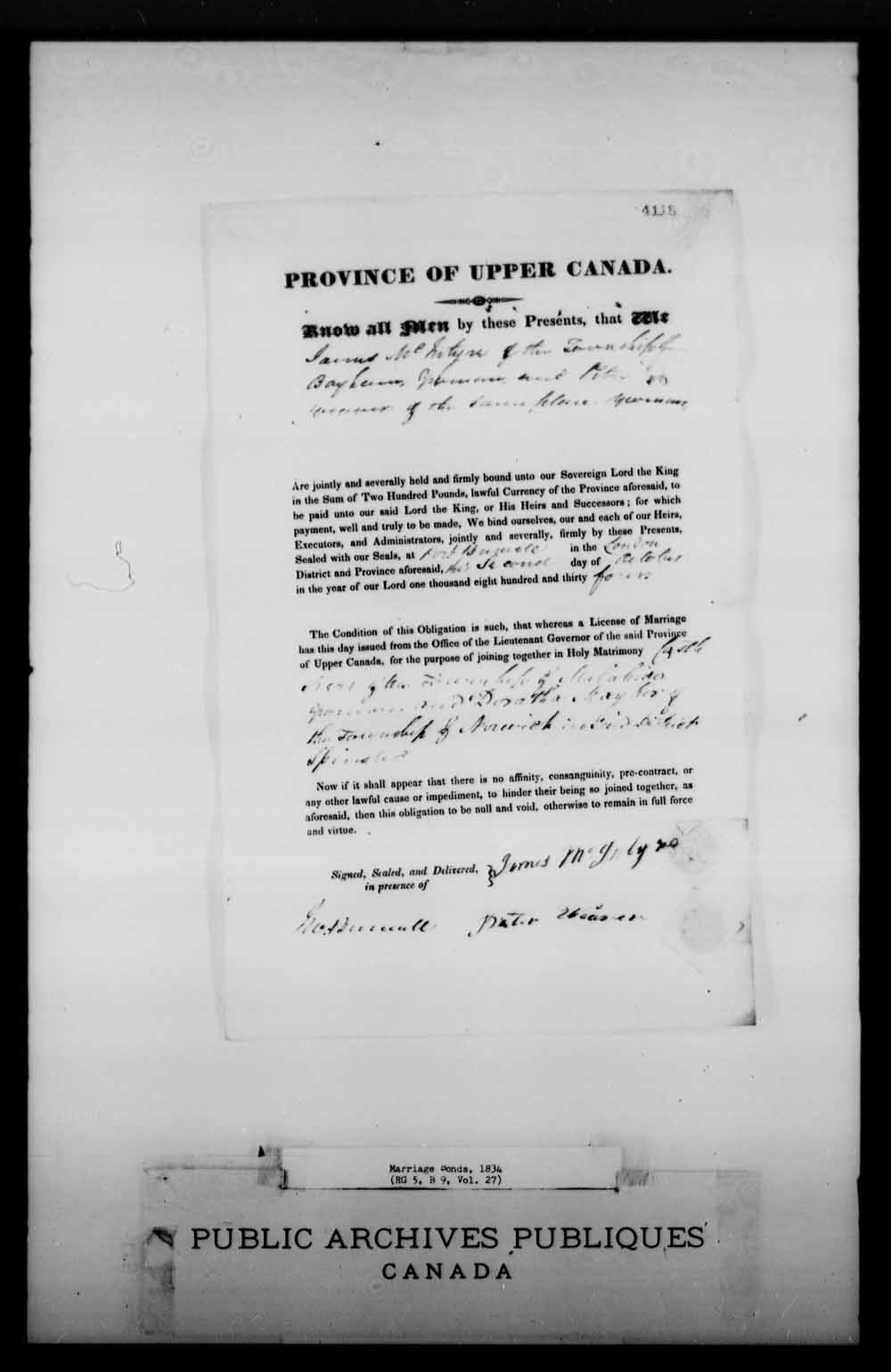 Digitized page of Upper and Lower Canada Marriage Bonds (1779-1865) for Image No.: e008226481