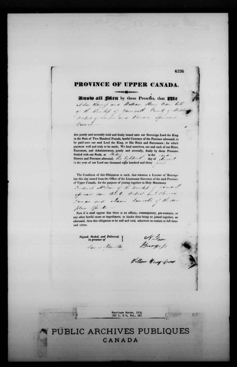 Digitized page of Upper and Lower Canada Marriage Bonds (1779-1865) for Image No.: e008226696