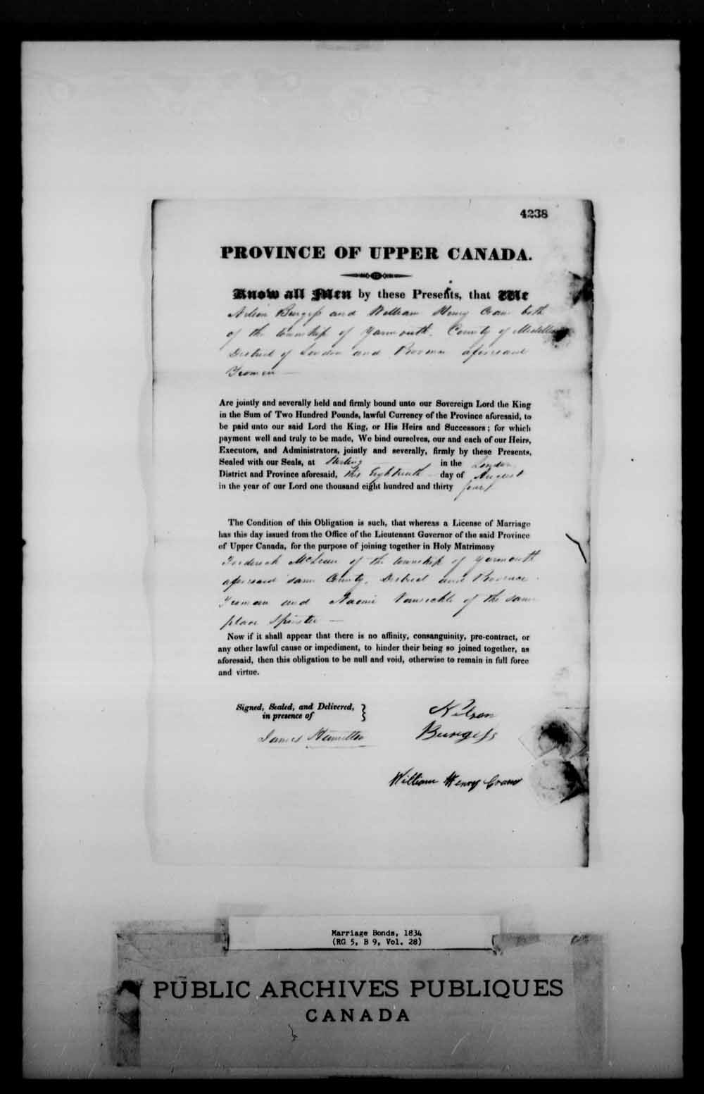 Digitized page of Upper and Lower Canada Marriage Bonds (1779-1865) for Image No.: e008226697