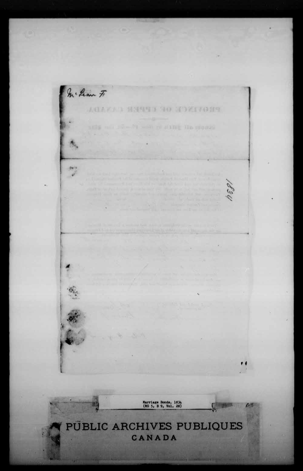 Digitized page of Upper and Lower Canada Marriage Bonds (1779-1865) for Image No.: e008226698
