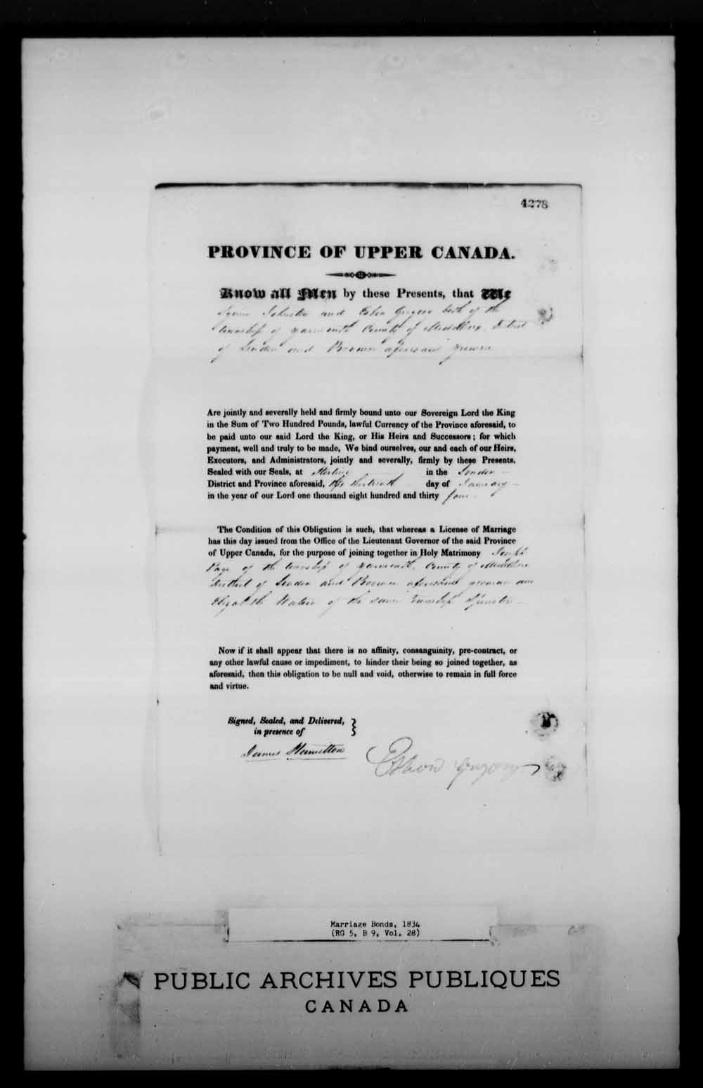 Digitized page of Upper and Lower Canada Marriage Bonds (1779-1865) for Image No.: e008226762